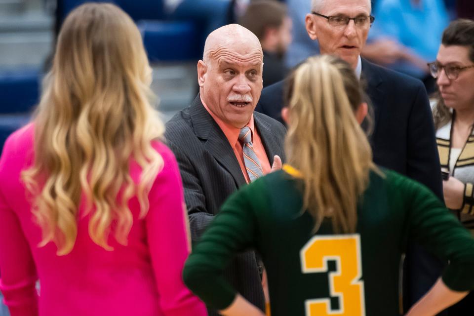 York Catholic head coach Kevin Bankos talks with his squad during a YAIAA girls' basketball tournament quarterfinal game against South Western Friday, Feb. 9, 2024, at West York Area High School. The Mustangs won, 53-39, to advance to the semifinals.