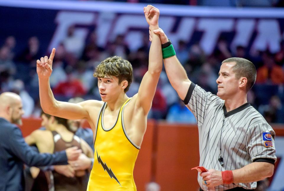 Galesburg's Gauge Shipp takes the victory over Joliet Catholic's Jake Hamiti in the 138-pound title match of the Class 2A state wrestling tournament Saturday, Feb. 18, 2023 at State Farm Arena in Champaign. Shipp won with a 15-0 technical fall.