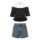 <a rel="nofollow noopener" href="http://rstyle.me/~a05zD" target="_blank" data-ylk="slk:Cropped Cold-Shoulder Tweed Top, Proenza Schouler, $1150;elm:context_link;itc:0;sec:content-canvas" class="link ">Cropped Cold-Shoulder Tweed Top, Proenza Schouler, $1150</a><a rel="nofollow noopener" href="http://www.anrdoezrs.net/links/3550561/type/dlg/https://www.intermixonline.com/product/rag+-+bone-jean+lou+cha+cha+room+denim+shorts.do?sortby=ourPicks&from=fn&" target="_blank" data-ylk="slk:Lou Cha Cha Room Denim Shorts, Rag & Bone, $175;elm:context_link;itc:0;sec:content-canvas" class="link ">Lou Cha Cha Room Denim Shorts, Rag & Bone, $175</a>