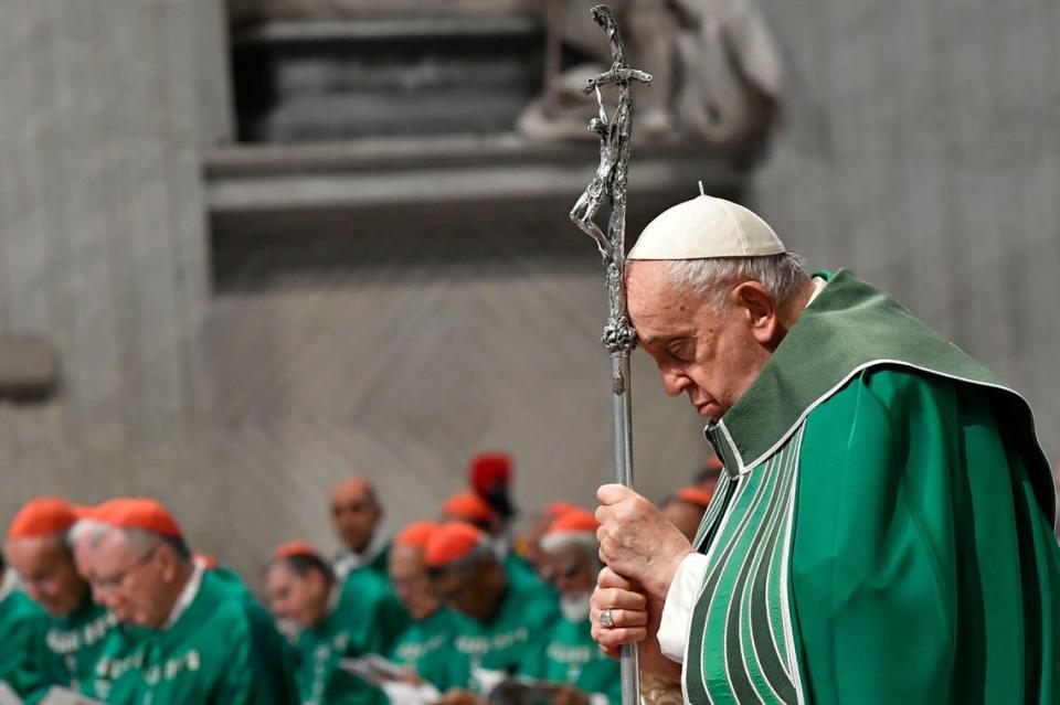 Pope Francis presides over a mass for the closing of the General Assembly of the Synod of Bishops in St. Peter’s Basilica at the Vatican in Rome.