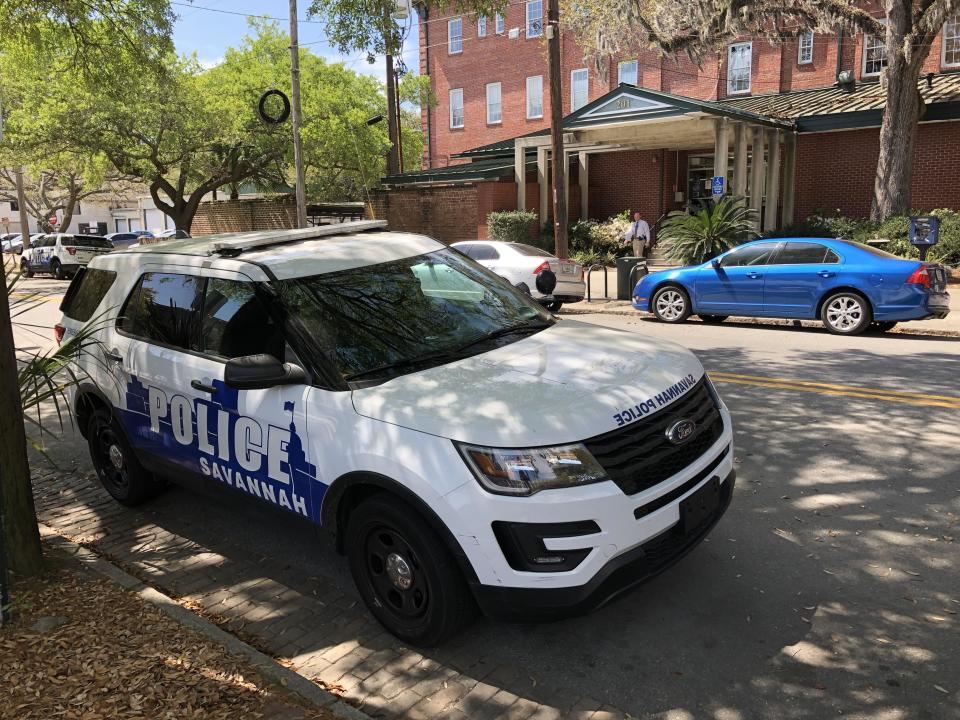 A Savannah police cruiser parked outside Savannah police headquarters.