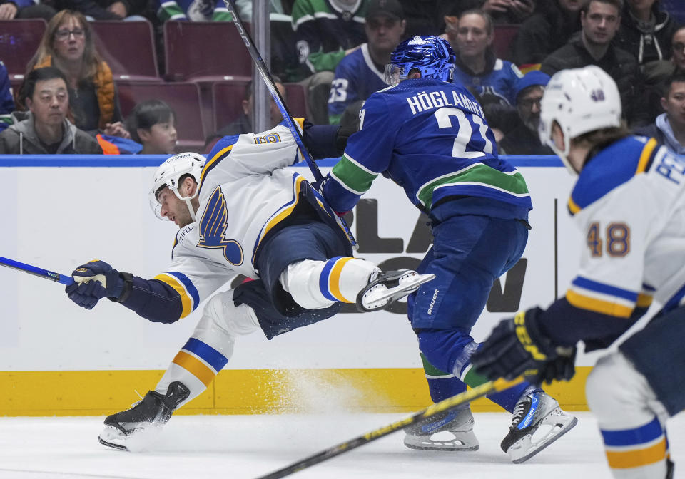 Vancouver Canucks' Nils Hoglander, back right, checks St. Louis Blues' Marco Scandella during the first period of an NHL hockey game Wednesday, Jan. 24, 2024, in Vancouver, British Columbia. (Darryl Dyck/The Canadian Press via AP)