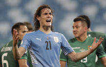 Uruguay's Edinson Cavani gestures during a Copa America soccer match against Bolivia at Arena Pantanal in Cuiaba, Brazil, Thursday, June 24, 2021. (AP Photo/Andre Penner)