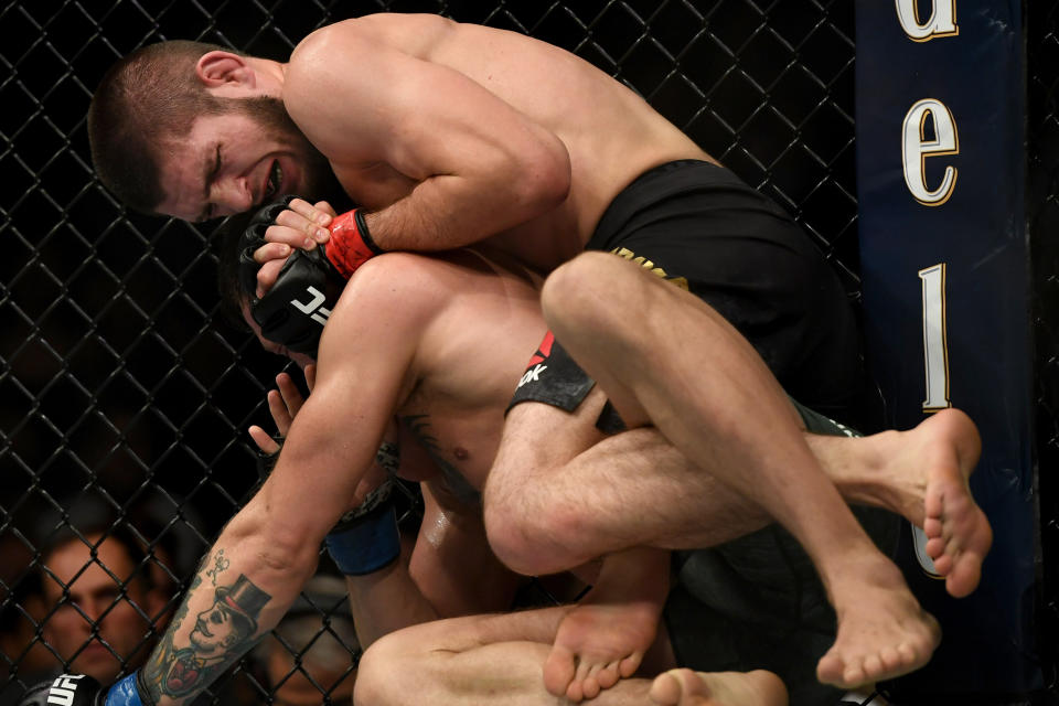 LAS VEGAS, CA - OCTOBER 06: Khabib Nurmagomedov squeezes the head of Conor McGregor forcing McGregor to submit during their fight at UFC 229 at the T-Mobile Arena in Las Vegas, Nev. Friday, Oct. 6, 2018. (Photo by Hans Gutknecht/Digital First Media/Los Angeles Daily News via Getty Images)