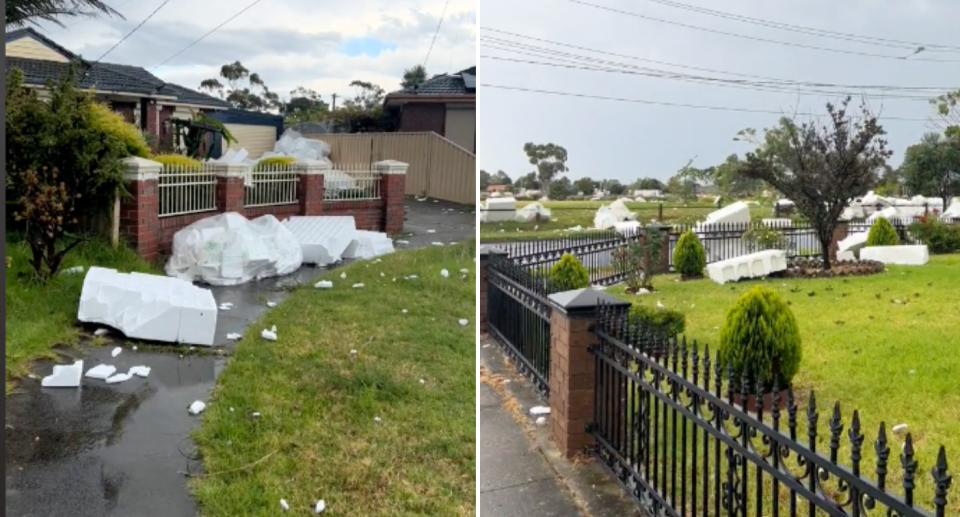 Screenshots of the chunks of white polystyrene construction debris strewn across the front yards of people's homes after the storm in Keysborough.