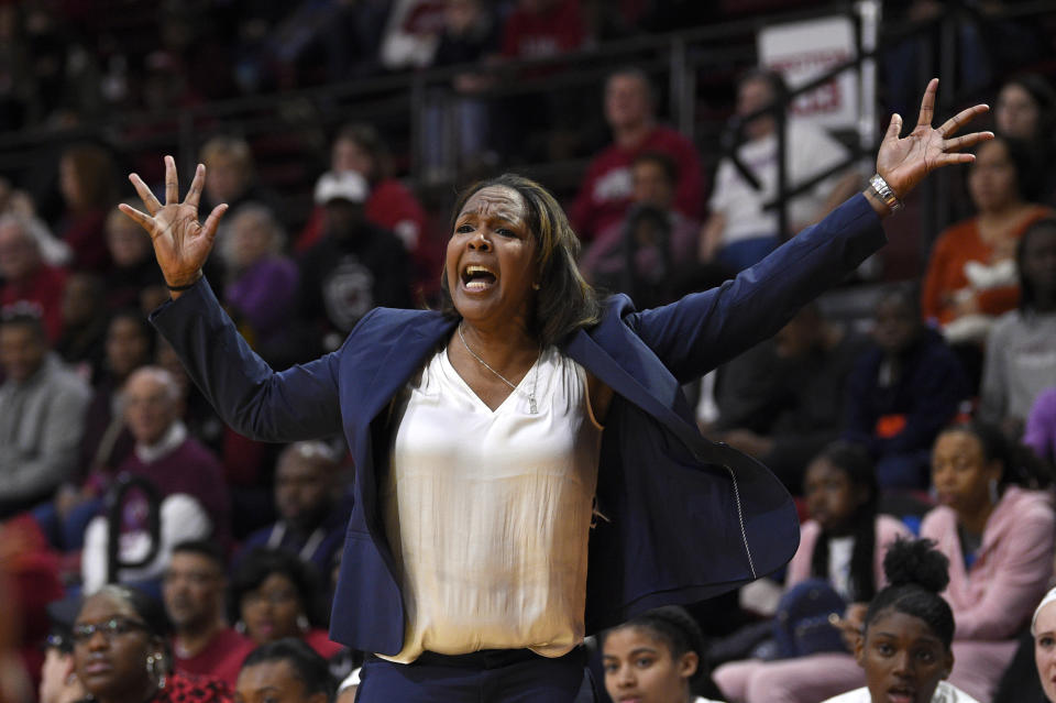 Temple head coach Tonya Cardoza calls out to her team from the sidelines during the first half of an NCAA college basketball game against the South Carolina, Saturday, Dec. 7, 2019, in Philadelphia. (AP Photo/Derik Hamilton)