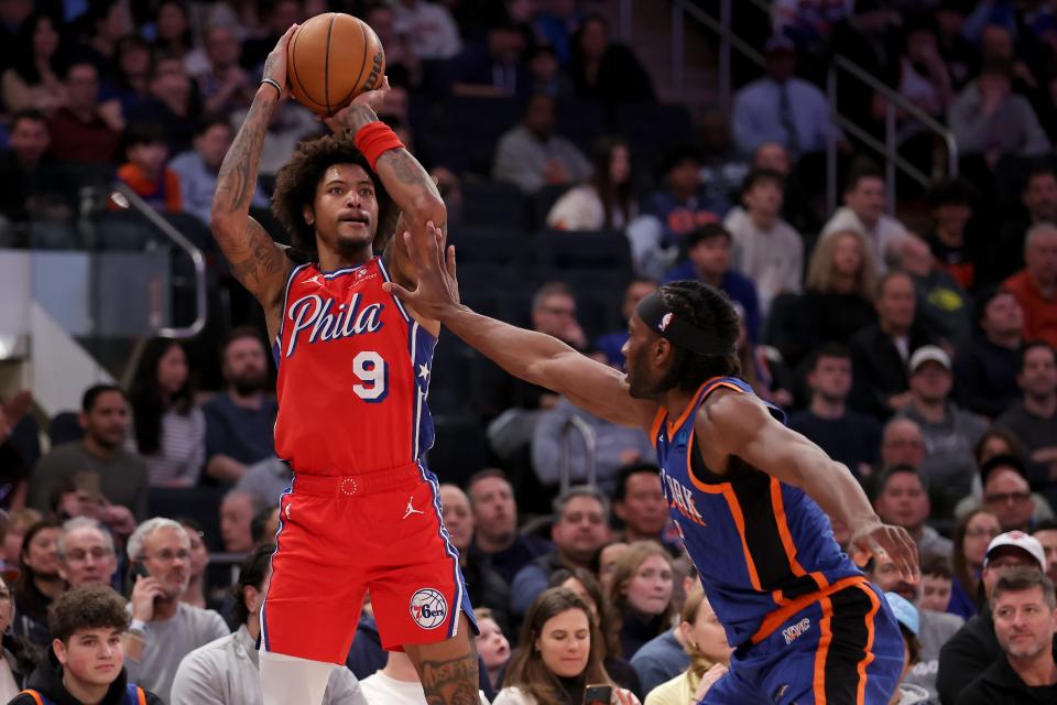 Mar 10, 2024; New York, New York, USA; Philadelphia 76ers guard Kelly Oubre Jr. (9) takes a shot against New York Knicks forward Precious Achiuwa (5) during the second quarter at Madison Square Garden. Mandatory Credit: Brad Penner-USA TODAY Sports