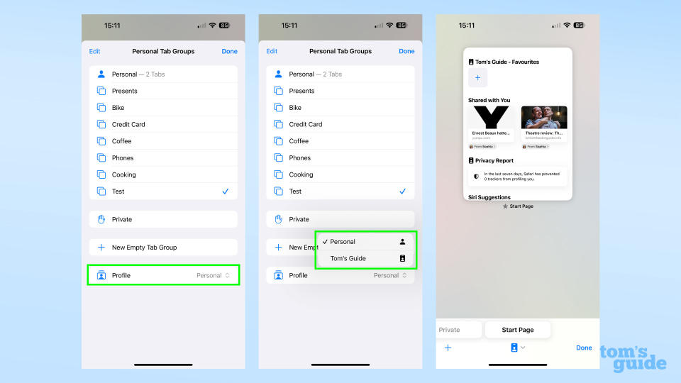 Screenshots showing how to switch Safari profiles
