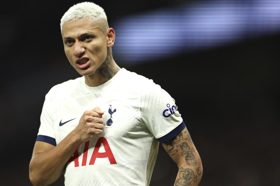 Tottenham's Richarlison celebrates after scoring his side's second goal during the English Premier League soccer match between Tottenham Hotspur and Newcastle United, at the Tottenham Hotspur Stadium, London, England, Sunday, Dec.10, 2023. (AP Photo/Ian Walton)