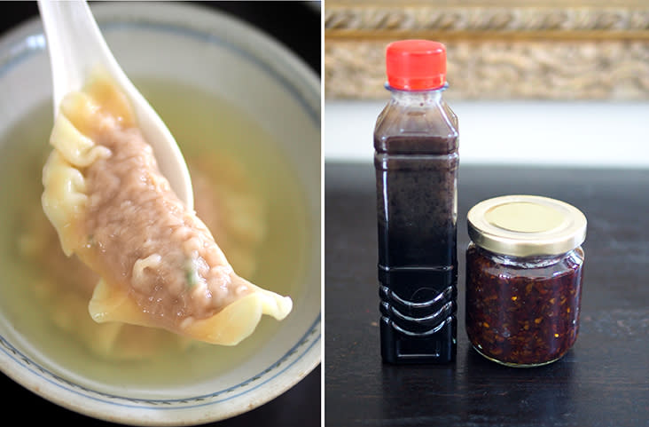 The dumplings are plump and delicious with the minced pork filling (left). The shop also sells the 'wantan mee' sauce to add to the noodles. They also offer crispy shrimp chilli sauce to accompany your meal (right)