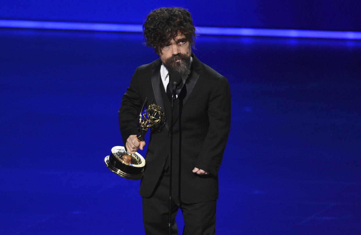 Peter Dinklage accepts the award for outstanding supporting actor in a drama series for &quot;Game of Thrones&quot; at the 71st Primetime Emmy Awards on Sunday, Sept. 22, 2019, at the Microsoft Theater in Los Angeles. (Photo by Chris Pizzello/Invision/AP)