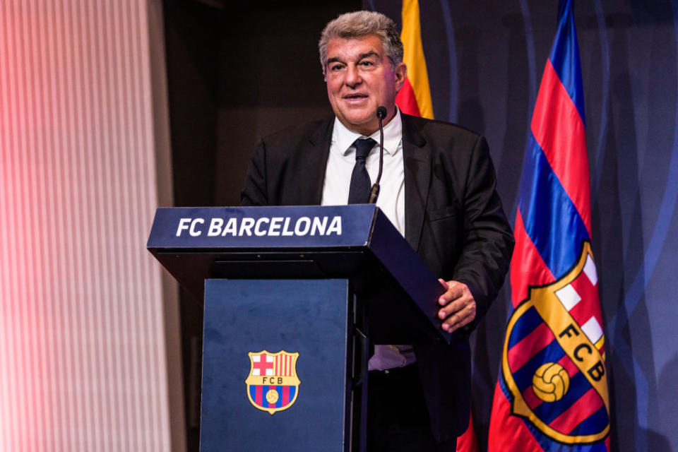 BARCELONA, SPAIN - SEPTEMBER 14: Joan Laporta, President of Fc Barcelona, attends during the presentation of Dario Bruzuela, Joel Parra, Jabari Parker and Willy Hernangomez as new players of FC Barcelona Basket at Auditori 1899 on September 14, 2023 in Barcelona, Spain. (Photo By Javier Borrego/Europa Press via Getty Images)