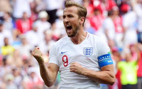 England's forward Harry Kane celebrates after scoring his team's fifth goal during the Russia 2018 World Cup  - Credit: AFP