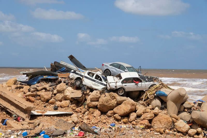 A view shows the damaged cars, after a powerful storm and heavy rainfall hit Libya, in Derna