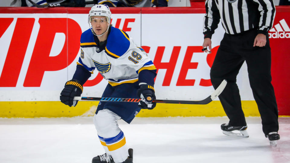 Jay Bouwmeester #19 of the St. Louis Blues keeps an eye on the play during first period action against the Winnipeg Jets at the Bell MTS Place on February 1, 2020 in Winnipeg, Manitoba, Canada. The Jets defeated the Blues 5-2.