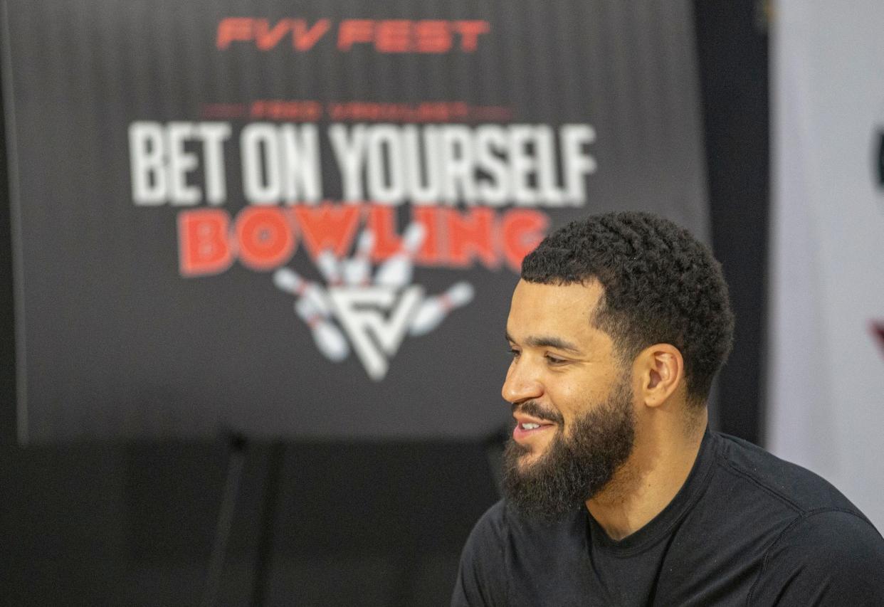 Fred VanVleet meets with the media about his various sports-related charity events on Thursday, June 16, 2022, at Joe Buckets Basketball Training center in Winnebago.