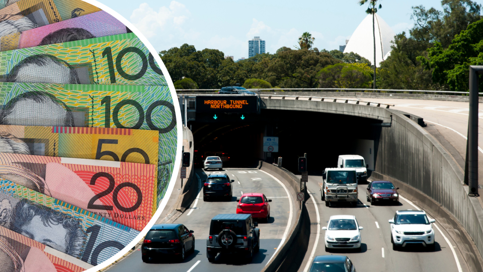 Austalian money notes. Cars on the road in Sydney. Transport concept.