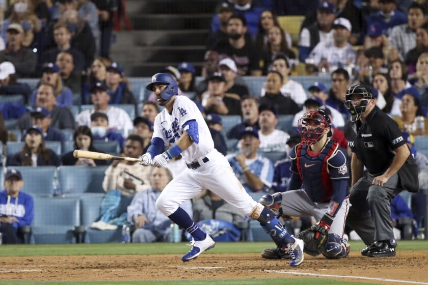 Los Angeles, CA - October 21: Los Angeles Dodgers' Chris Taylor looks up after hitting a two-run home run.