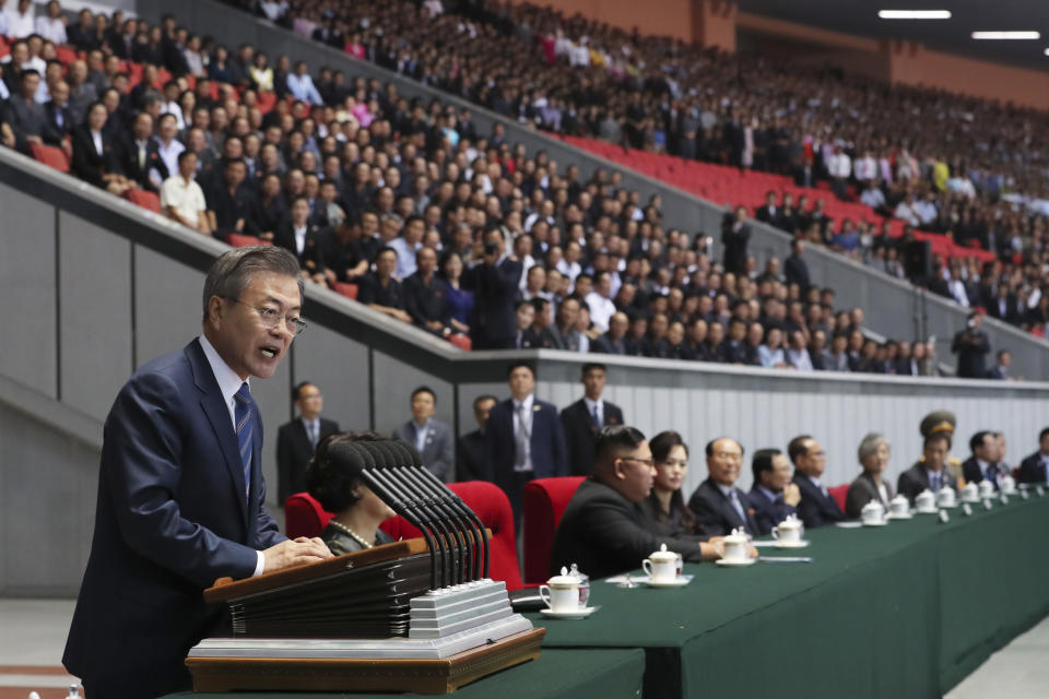 In this Wednesday, Sept. 19, 2018, file photo, South Korean President Moon Jae-in speaks to North Koreans as he arrives to watch the mass games performance of "The Glorious Country" at May Day Stadium in Pyongyang, North Korea. (Pyongyang Press Corps Pool via AP, File)