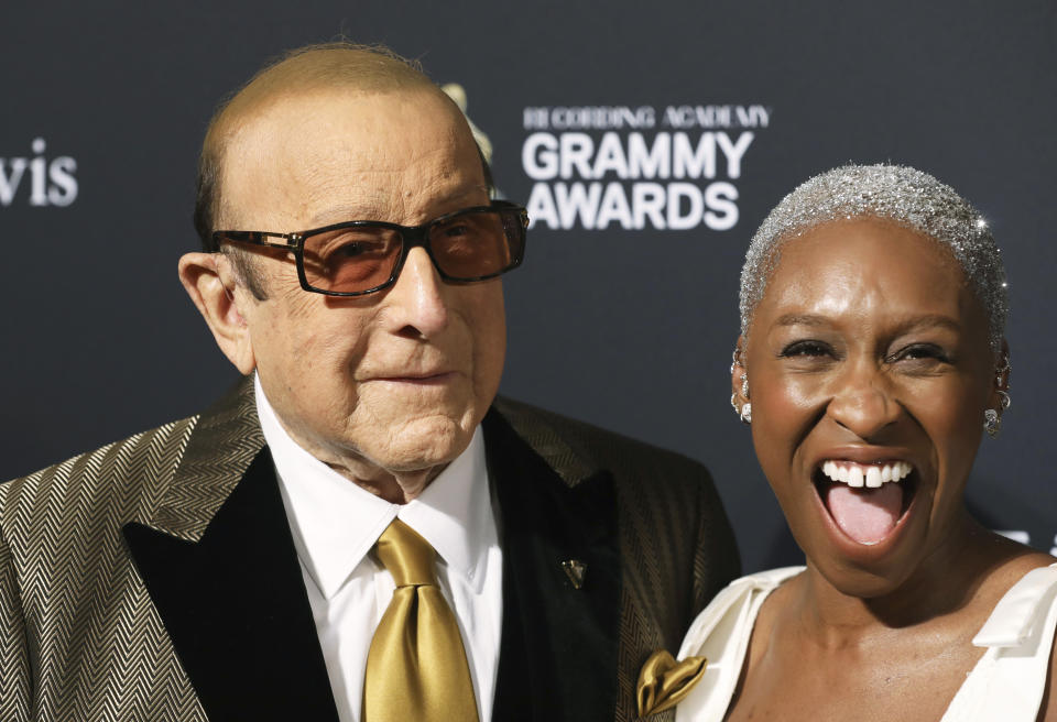 Clive Davis, left, and Cynthia Erivo arrive at the Pre-Grammy Gala And Salute To Industry Icons at the Beverly Hilton Hotel on Saturday, Jan. 25, 2020, in Beverly Hills, Calif. (Photo by Mark Von Holden/Invision/AP)