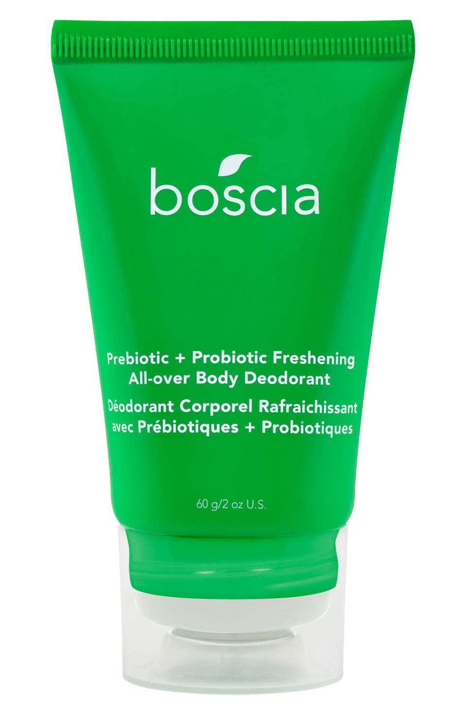 The blend of prebiotics and probiotics inside the Freshening All-Over Body Deodorant by Boscia not only helps to prevent odor-causing bacteria that grows on sweat, it helps to reinforce a healthy biome. 