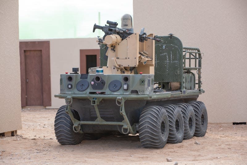 Army Futures Command hosted U.S. Army senior leaders, Multinational partners, and allies to observe a human machine Integration demonstration including unmanned, eight-wheeled, all-electric, all-terrain transport vehicles, involving Soldiers assigned to 1st Battalion, 29th Infantry Regiment, 316th Cavalry Brigade during Project Convergence - Capstone 4 at Fort Irwin, Calif., March 18, 2024. - Photo: U.S. Army photo by Sgt. Brahim Douglas