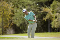 Justin Thomas chips the ball onto the third green of the Silverado Resort North Course during the pro-am event of the Safeway Open PGA golf tournament Wednesday, Sept. 25, 2019, in Napa, Calif. (AP Photo/Eric Risberg)