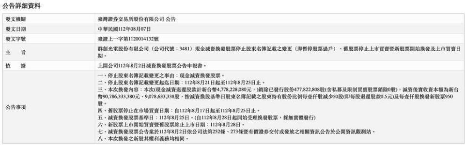 根據證交所7日所發布的公告，群創因辦理「現金減資換發股票」，自今至25日暫停交易。（翻攝自證交所）
