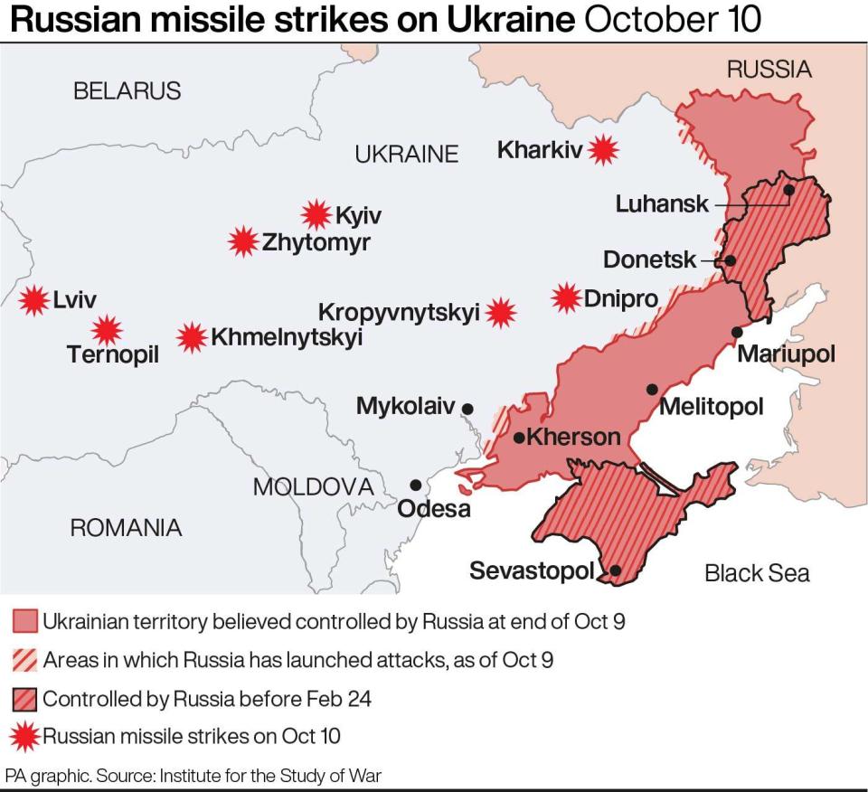 Russian missile strikes on Ukraine on 10 October (PA Graphics)