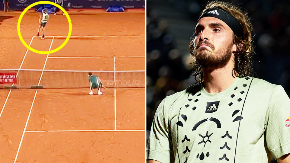 Stefanos Tsitsipas, pictured here appearing to hit the ball at Carlos Alcaraz on purpose.