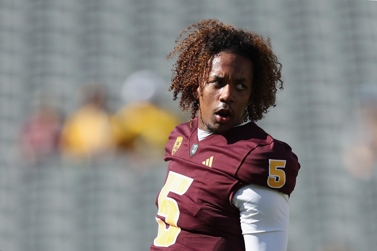 TEMPE, ARIZONA - NOVEMBER 25: Quarterback Jaden Rashada #5 of the Arizona State Sun Devils during the NCAAF game at Mountain America Stadium on November 25, 2023 in Tempe, Arizona. (Photo by Christian Petersen/Getty Images)