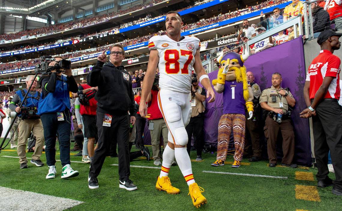 Kansas City Chiefs tight end Travis Kelce (87) walks off the field during the second quarter of an NFL football game against the Minnesota Vikings on Sunday, Oct. 8, 2023, at U.S. Bank Stadium in Minneapolis, Minn.