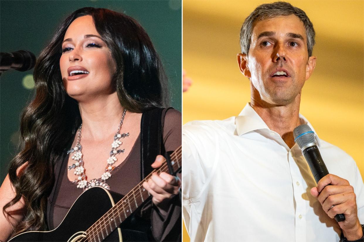 Kacey Musgraves performs during weekend two of ACL Music Festival 2022 at Zilker Park on October 16, 2022 in Austin, Texas. ; Texas Democratic gubernatorial candidate Beto O'Rourke speaks to supporters during a campaign rally on August 24, 2022 in Humble, Texas. O'Rourke is running against Republican Gov. Greg Abbott on November 8.