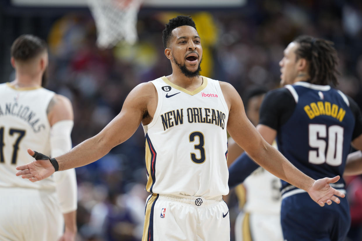 New Orleans Pelicans guard CJ McCollum argues after being called for a foul in the second half of an NBA basketball game against the Denver Nuggets Tuesday, Jan. 31, 2023, in Denver. (AP Photo/David Zalubowski)