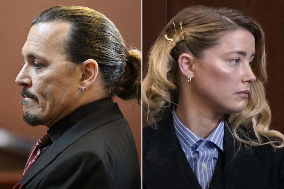 Johnny Depp looks on during a hearing at the Fairfax County Circuit Courthouse in Fairfax, Virginia, on May 3, 2022. - US actor Johnny Depp sued his ex-wife Amber Heard for libel in Fairfax County Circuit Court after she wrote an op-ed piece in The Washington Post in 2018 referring to herself as a "public figure representing domestic abuse." (Photo by JIM WATSON / POOL / AFP) (Photo by JIM WATSON/POOL/AFP via Getty Images); Amber Heard stands up for recess as Ben Chew, attorney for actor Johnny Depp, looks on at Fairfax County Circuit Court during a defamation case against her by Depp in Fairfax, Virginia, on May 4, 2022. - US actor Johnny Depp sued his ex-wife Amber Heard for libel in Fairfax County Circuit Court after she wrote an op-ed piece in The Washington Post in 2018 referring to herself as a "public figure representing domestic abuse." (Photo by ELIZABETH FRANTZ / POOL / AFP) (Photo by ELIZABETH FRANTZ/POOL/AFP via Getty Images)