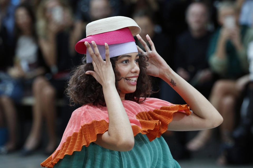 A model wears a creation as part of the Issey Miyake Ready To Wear Spring-Summer 2020 collection, unveiled during the fashion week, in Paris, Friday, Sept. 27, 2019. (AP Photo/Francois Mori)