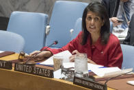 United States' Ambassador United Nations and current Security Council President Nikki Haley opens a Security Council meeting on the situation in Syria, Friday, April 7, 2017 at United Nations headquarters. (AP Photo/Mary Altaffer)