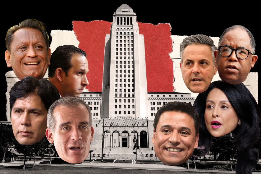 Photo collage illustration of L.A. City Council members with city hall in the center.