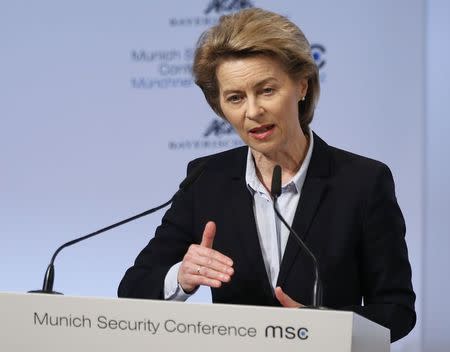 German Defence Minister Ursula von der Leyen talks at the Munich Security Conference in Munich, Germany, February 16, 2018. REUTERS/Michaela Rehle