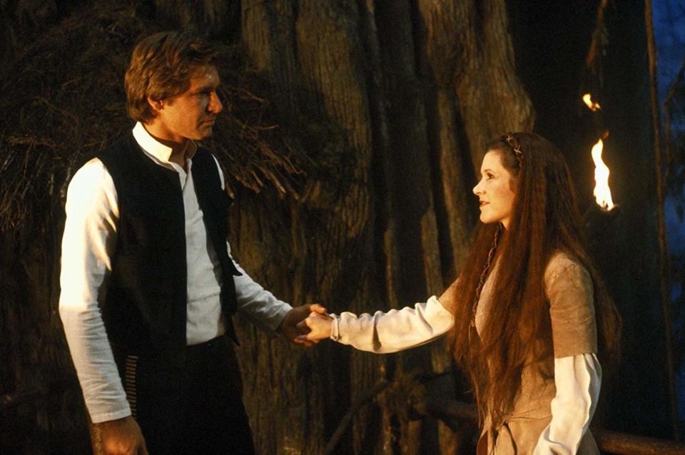 Harrison Ford as Han Solo and Carrie Fisher as Princess Leia in Star Wars: Return of the Jedi