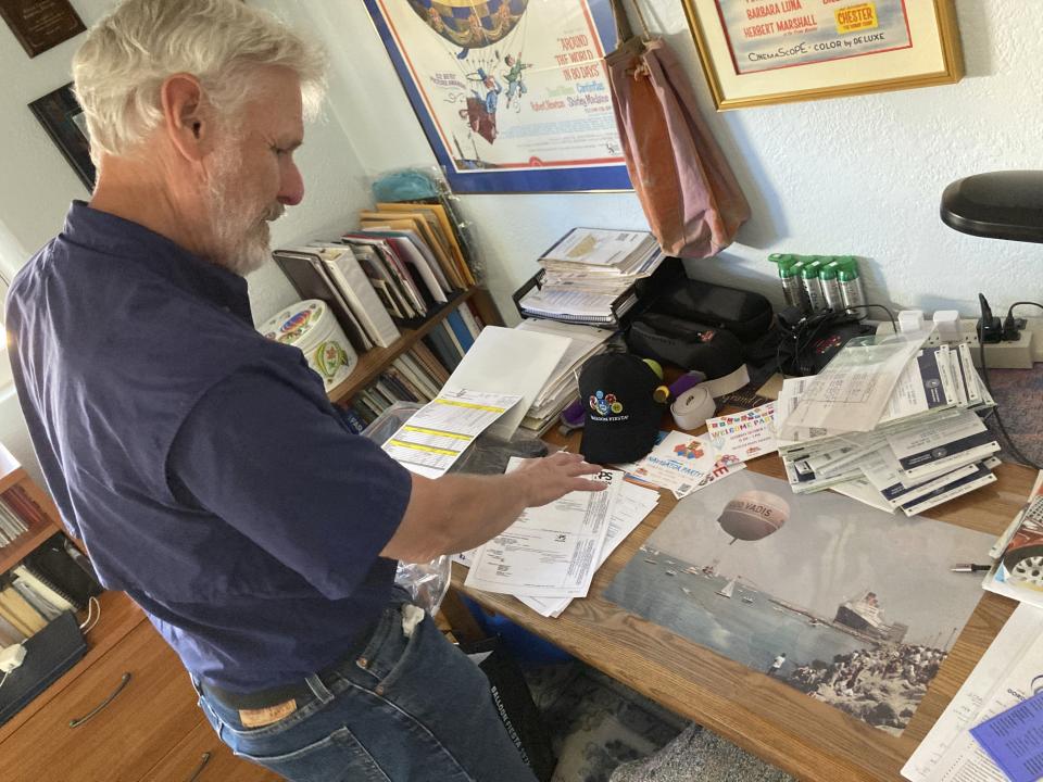 Balloon pilot Peter Cuneo talks about the history of the world's oldest long-distance gas balloon race, during an interview in Albuquerque, N.M., Sept. 26, 2023 The flight window for the 2023 Gordon Bennett competition opens Saturday, Oct. 7. (AP Photo/Susan Montoya Bryan)