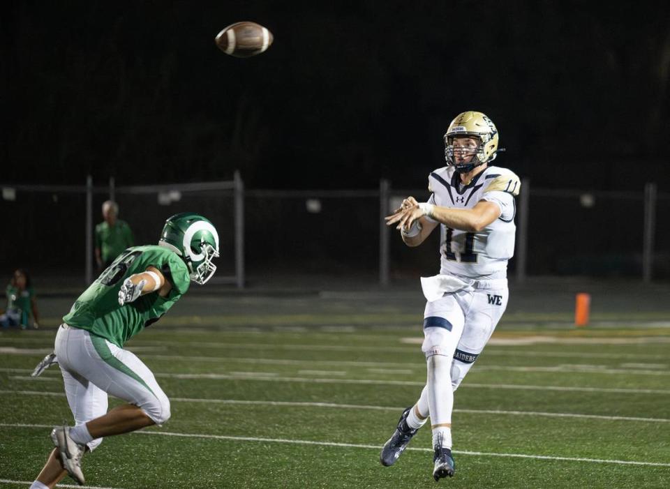 Central Catholic’s Tyler Wentworth throws on a roll out during the game with St. Mary’s in Stockton, Calif., Friday, August 25, 2023.