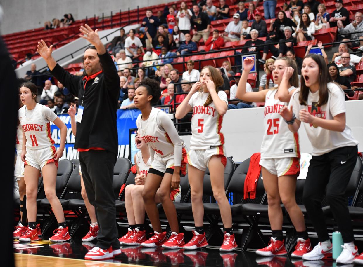 The Cardinal Mooney Catholic School bench players react to a play in the last minute of the Class 3A state championship game vs. Westminster Academy on Feb. 25, 2022 at RP Funding Center in Lakeland.