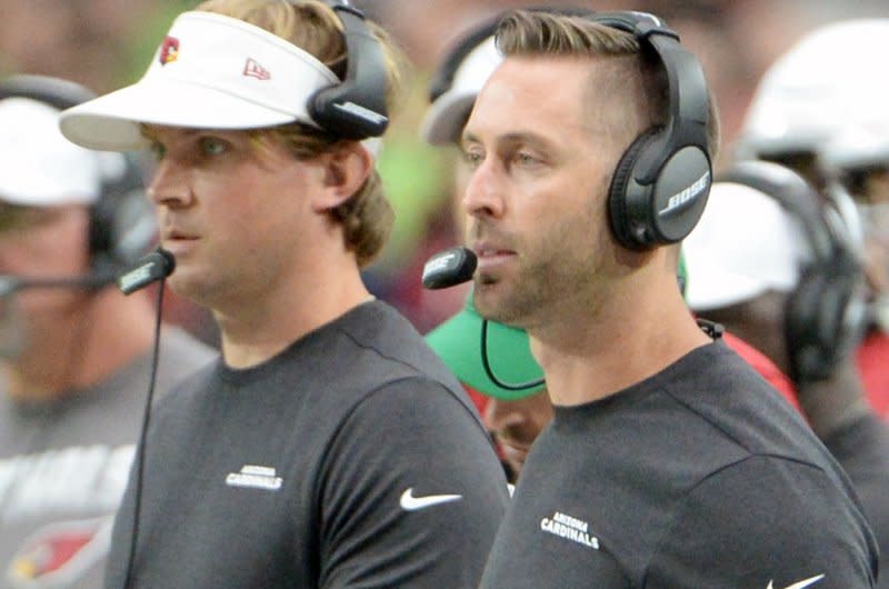 Kliff Kingsbury (R) could oversee an offense led by quarterback Sam Howell, unless the Washington Commanders opt to bring in a rookie or veteran for an off-season competition. File Photo by Art Foxall/UPI