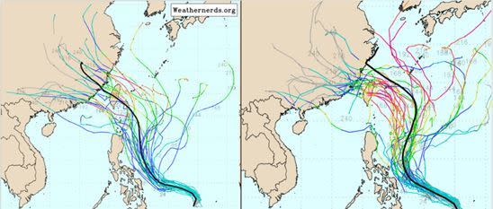歐洲模式（左）及美國模式（右）模擬皆顯示，下週四至週日摩羯颱風將通過台灣附近。（圖／翻攝自三立準氣象－老大洩天機）