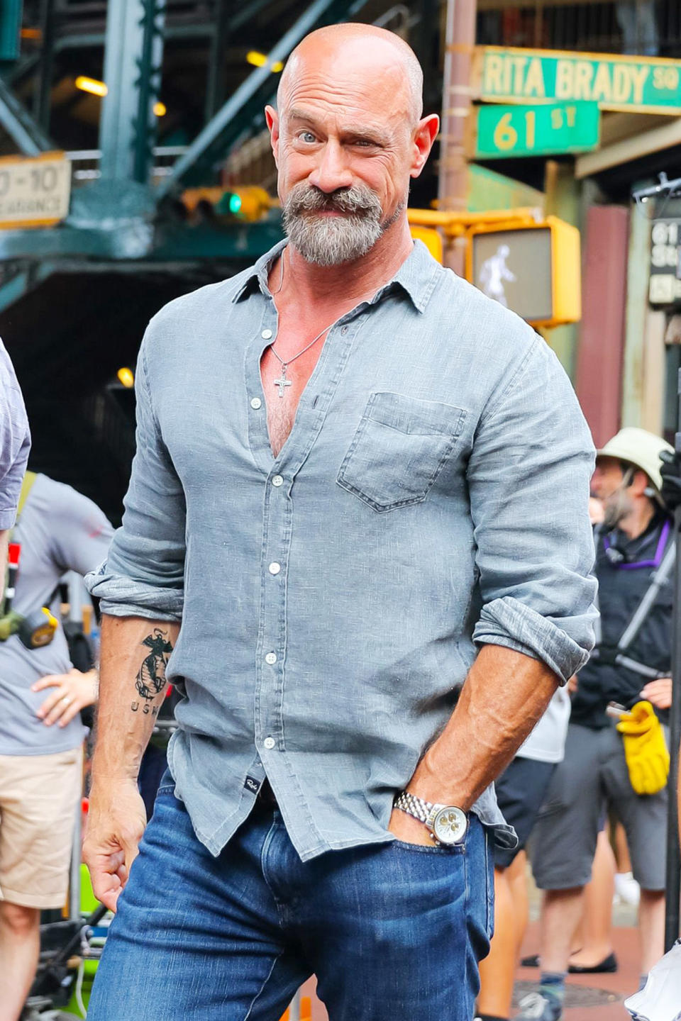 <p>Christopher Meloni gets goofy for the cameras on Aug. 18 while filming <em>Law & Order: Organized Crime</em> in Queens, New York.</p>