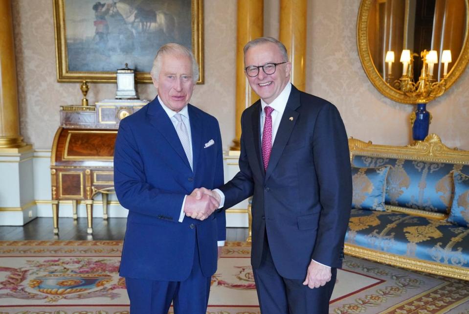 King Charles III receives Australian prime minister Anthony Albanese during an audience at Buckingham Palace in London in May (AP)