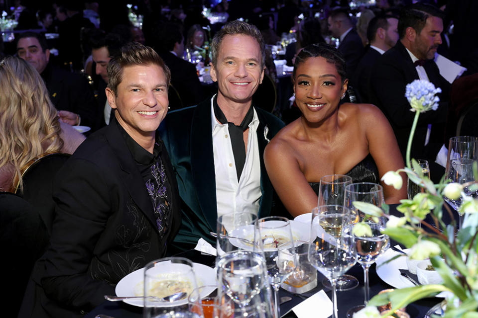 David Burtka, Neil Patrick Harris and Tiffany Haddish attend the Elton John AIDS Foundation's 32nd Annual Academy Awards Viewing Party on March 10, 2024 in West Hollywood, California.