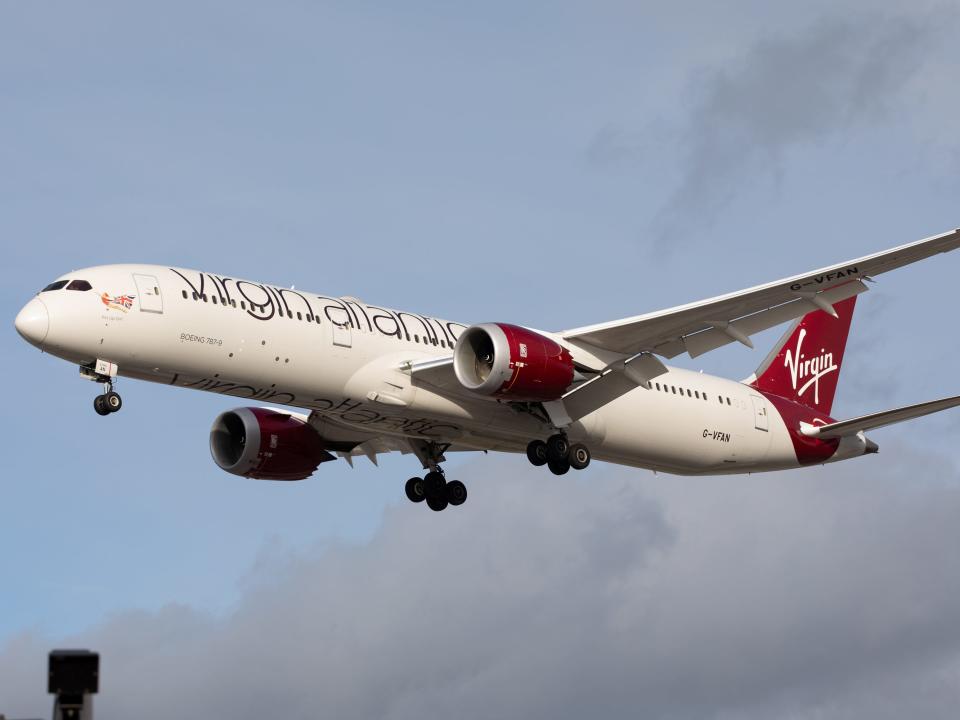 A Virgin Atlantic Boeing 787 lands at London Heathrow Airport on 28th October 2020.