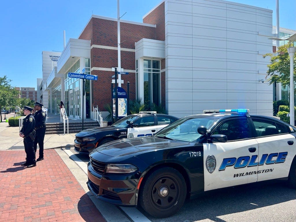 Wilmington police presence at Nutt Street and Convention Center Drive next to the Wilmington Convention Center in advance of President Joe Biden's appearance on Thursday.